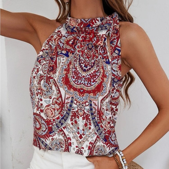 Tops - Boho Paisley Print Halter Tank Top Blouse Shirt